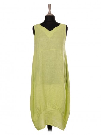 Italian Sleeveless V-neck Linen Lagenlook Dress With Front Pockets