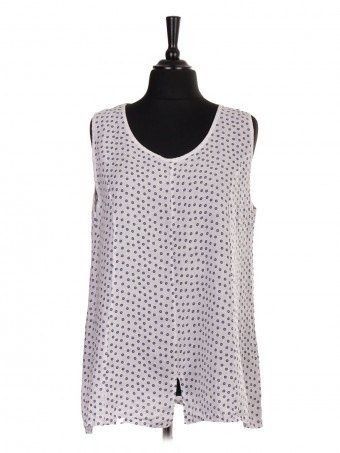 Italian Linen Small Flower Print Sleeveless Top With Split Hem