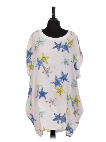 Italian Star Print Linen Baggy Dress With Side Pockets