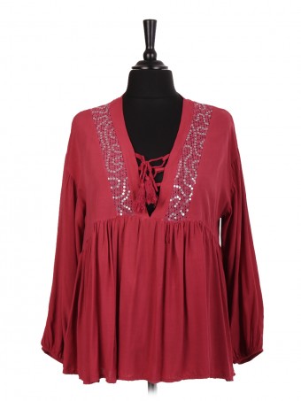 Italian Tassel Tie Blouse With Lace And Sequin Detail