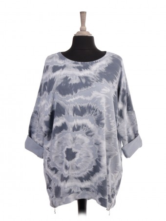 Italian Tie Dye Print Dip Hem Top With Side Zip Details