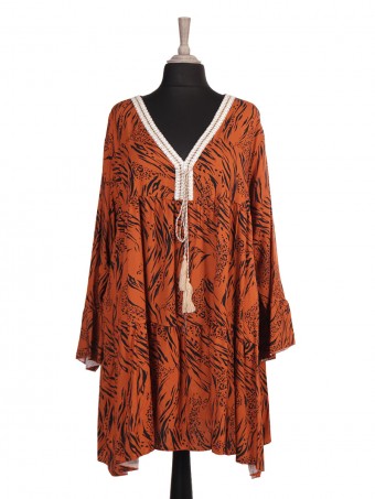 Italian Tiger Print Tiered Dress With Bell Sleeves