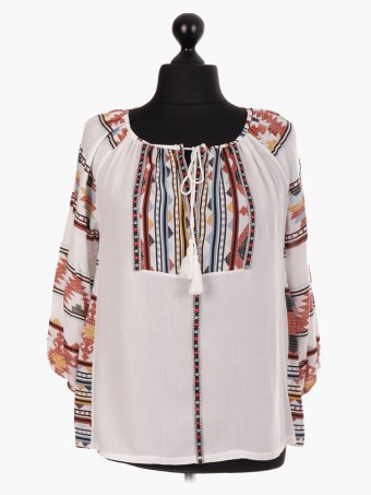 Italian Tribal Print Tassel Neck Blouse