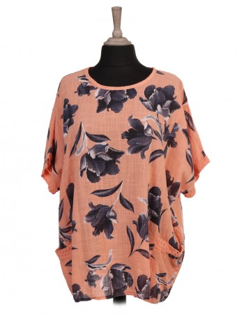 Italian Tulip Print Lace Trim Batwing Top with Front pockets