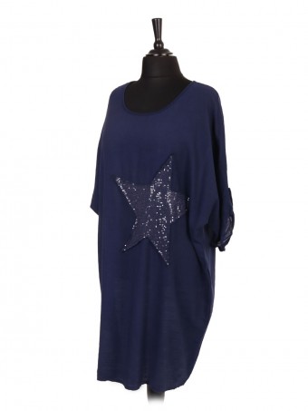 Italian Turn-up Sleeve Star Sequin Patch Dress