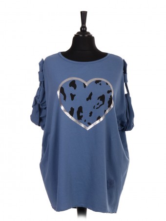 Italian Turn-up Sleeves Animal Print Heart Dip Hem Top