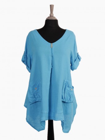 Italian Turn-up Sleeves Front Pockets Detail Linen Tunic Top