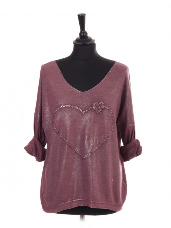 Italian Turn-up Sleeves Heart Embroidered Shimmery Top