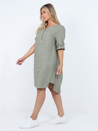 Italian Turn-up Sleeves Linen Shirt Dress With Lace Detail