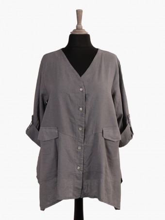 Italian Turn-up Sleeves Linen Top With Flap Over Pockets