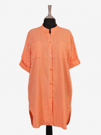 Italian Turn-up Sleeves Stripy Print Shirt Dress