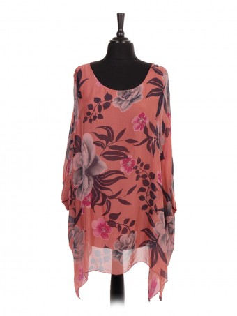 Italian Two Layered Floral Print Plus Size Silk Batwing Top