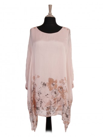 Italian Two Layered Floral Print Silk Batwing Tunic Top