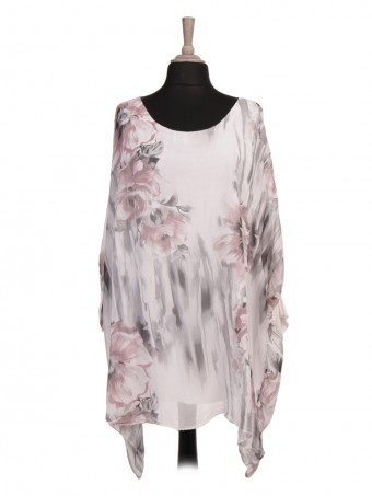 Italian Two Layered Floral Printed Silk Batwing Top