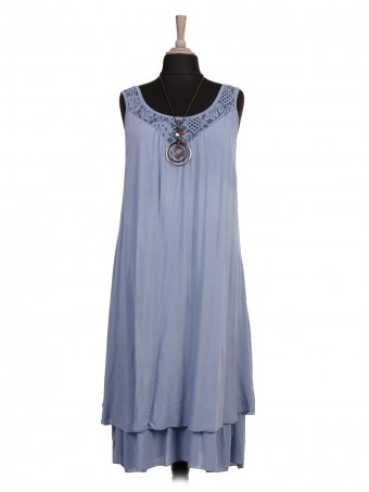 Italian Two Layered Lace Detail Neck Dress With Necklace