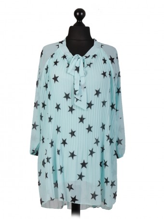 Italian Two Layered Star Print Pleated Dip Hem Tunic Top