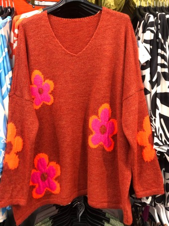 Italian V-neck Daisy Flower Knitted Jumper