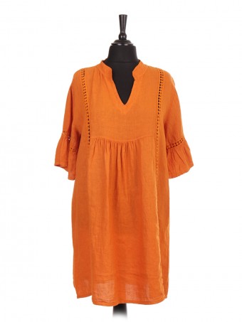 Italian V-neck Linen Dress With Crochet Detail And Flared Sleeves