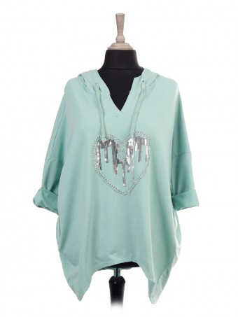 Italian V-neck Sequin Heart Hooded Top