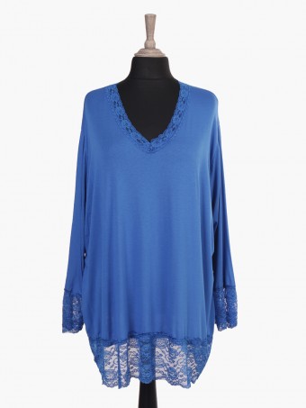 Italian V-neck Top With Lace Detail Hem And Sleeves