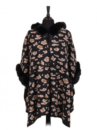 Italian Wool Mix Leopard Print Fur Cape With Buckle Fastening