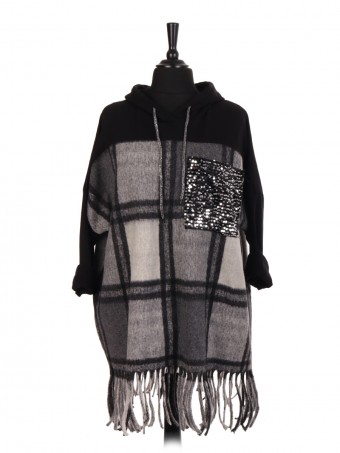 Italian Wool Tartan Hooded Jumper With Sequin Pocket And Fringe Hem