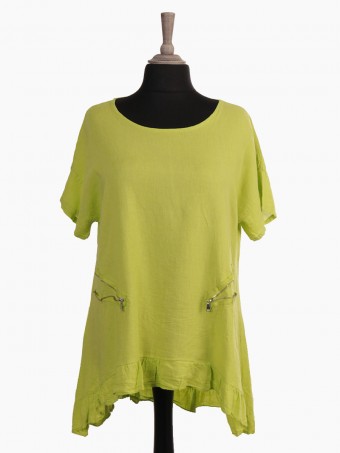 Italian Zip Detail Frilled Linen Tunic Top