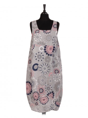 Italian Aztec Print Sleeveless Square Neck Linen Lagenlook Dress