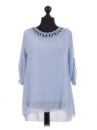 Chiffon Crotchet Pearl Trim Dip Hem Blouse