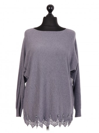 Italian Knitted Jumper With Lace Hem & Diamante Pattern