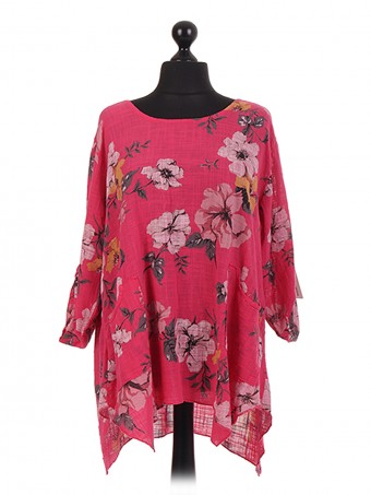 Italian Floral Asymmetrical Hem Oversized Tunic Top