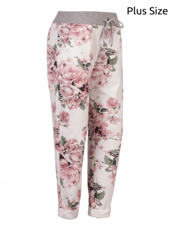 Plus Size Italian Made Floral Print Cotton Trousers