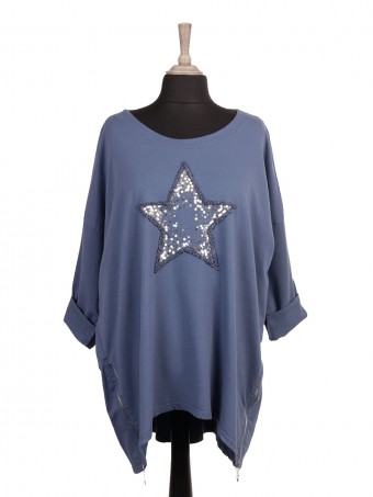 Plus Size Italian Sequin Star Dip Hem Top With Side Zip Detail