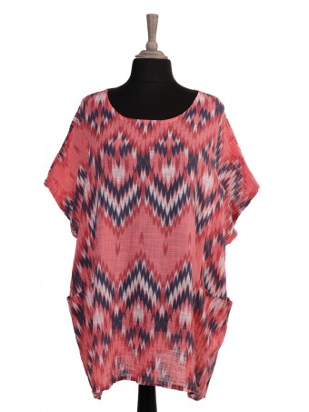 Plus Size Italian Zig Zag Print Front Pockets Batwing Top