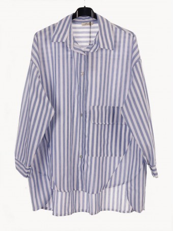 Plus Size Wide Stripe Blouse with Front Button Panel and Pocket