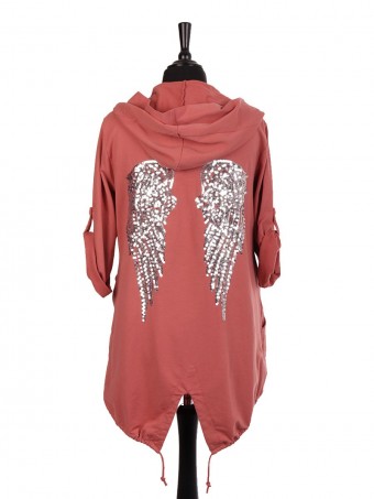 Italian Cotton Sequin Angel Wing Hooded Jacket With Side Pockets