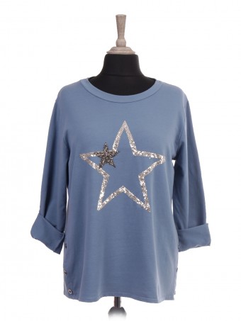 Italian Diamante And Sequin Star Top With Side Button Panel