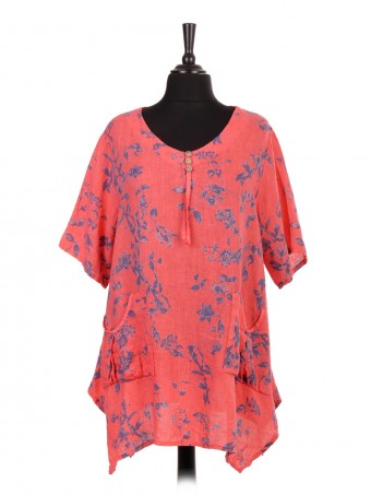 Italian Floral Linen Tunic Top With Front Pockets