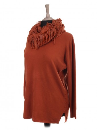 Italian Knitted Jumper With Side Button Panel And Mesh Scarf