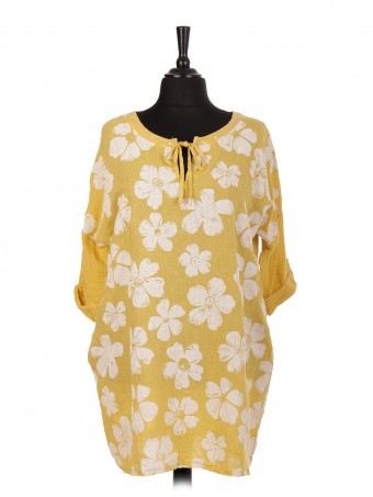 Italian Linen Floral Top With Sequin Detail Tie Neck