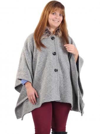 Ladies Faux Fur Collar Buttoned Poncho Grey