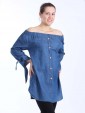 Bardot Off Shoulder Front Button top-Blue 3