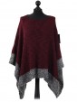 Ladies Wool Mix Contrast Border Poncho maroon