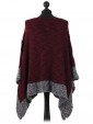 Ladies Wool Mix Contrast Border Poncho maroon back