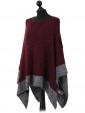 Ladies Wool Mix Contrast Border Poncho maroon side