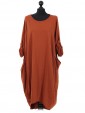 Plain Cotton Lagenlook Dress Rust