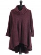 Italian Cowl Neck High Low Knitted Tunic Top Maroon