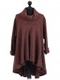 Italian Cowl Neck High Low Knitted Tunic Top Rust 