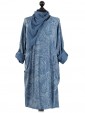  Italian Abstract Print Front Pocket Pleated Dress with Scarf-Denim