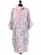  Italian Abstract Print Front Pocket Pleated Dress with Scarf-Baby pink